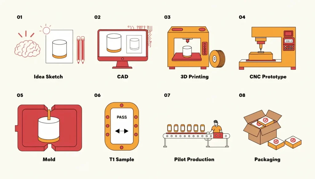 Hardware product path from idea and CAD through prototype, molding, pilot production, and packaging