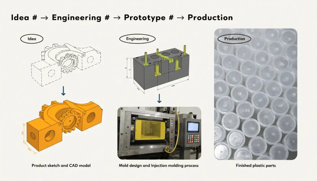 Product sketch, CAD model, mold design, tooling, and finished injection molded parts