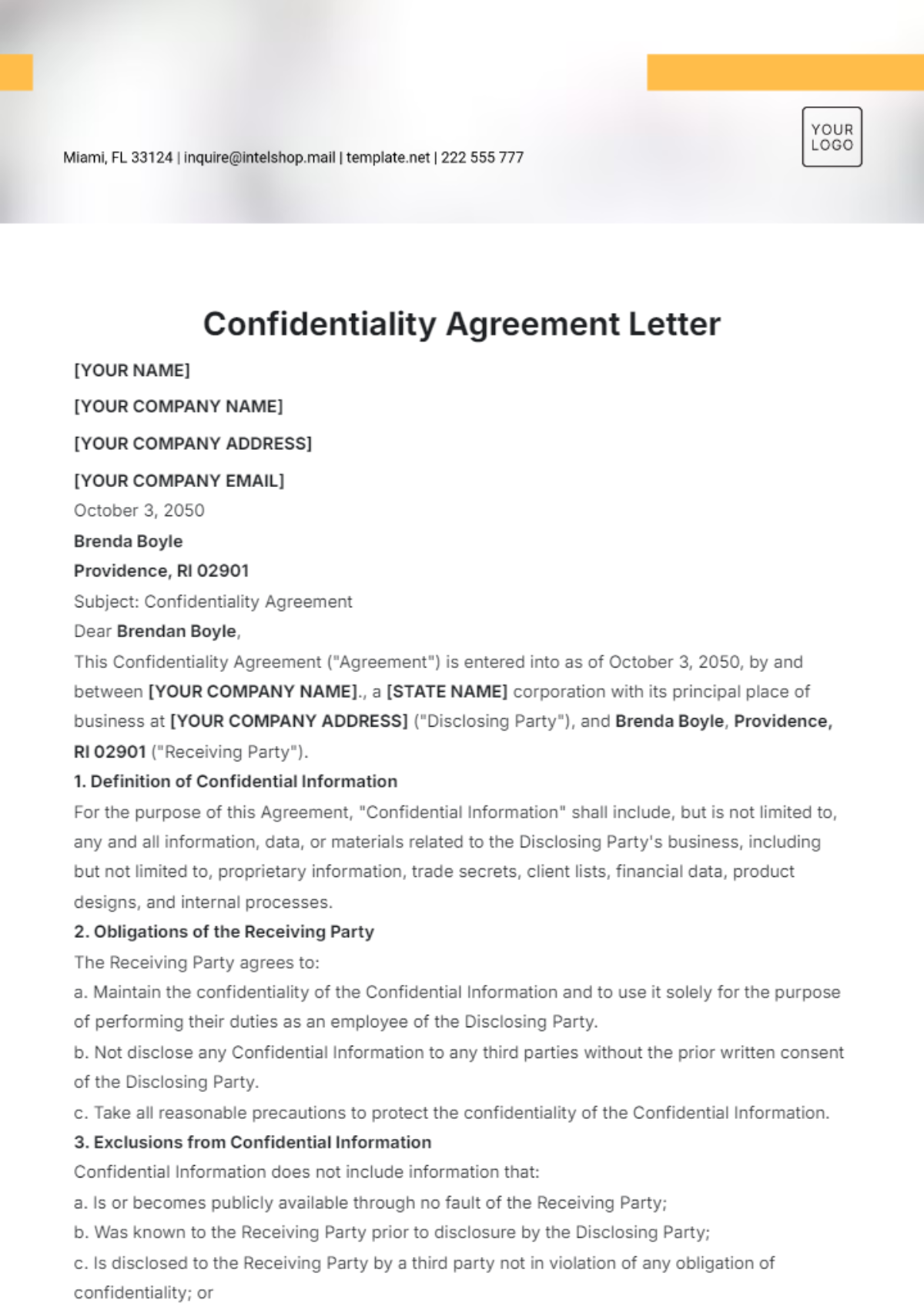 A sample confidentiality agreement letter template with placeholder fields for company name, address, and signatory details